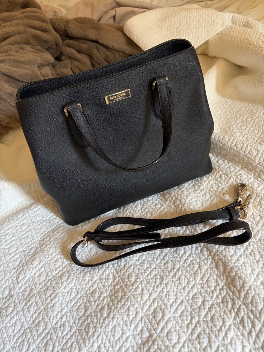 kate spade Black Saffiano Leather Shoulder Bag with Removable Strap